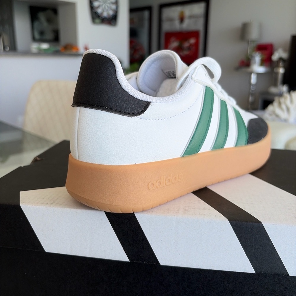 adidas White Sneakers with Green Stripes and Gum Sole